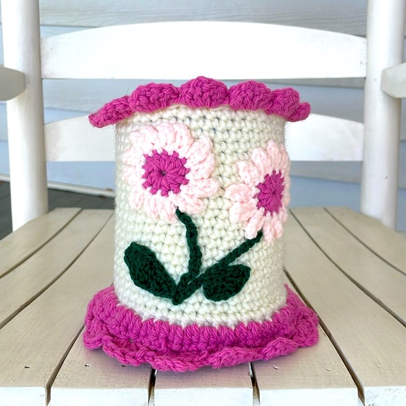 Vintage Crocheted Bathroom Set Pink Flowers Cottagecore Grannycore - Picture 6 of 9